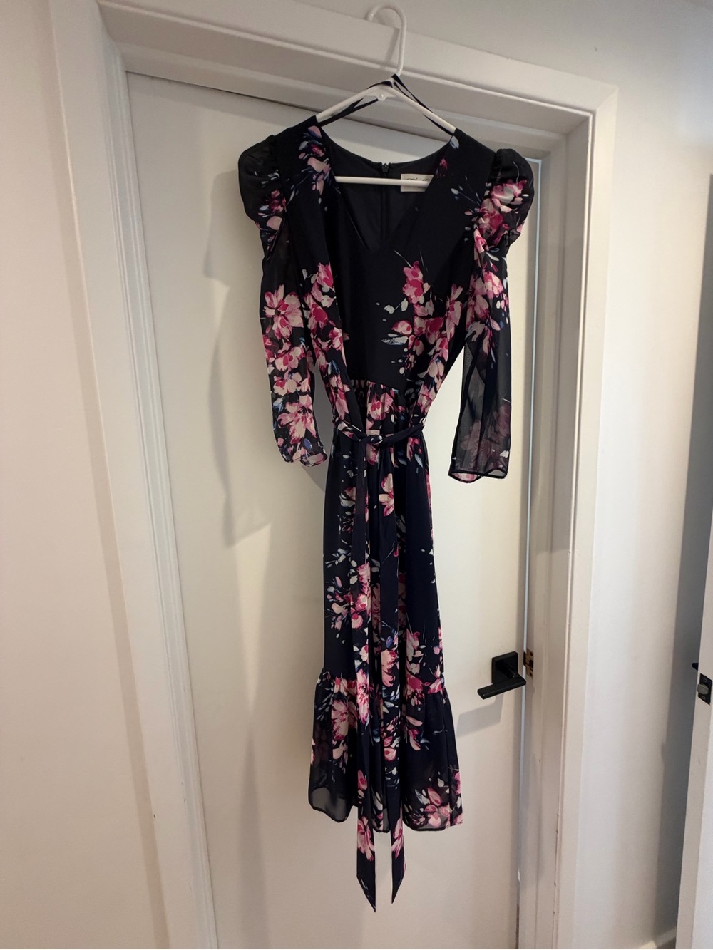 Eliza J Navy Midi Dress with Pink Floral Print